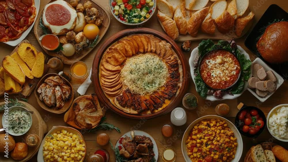 Poster a colorful table filled with various dishes and snacks