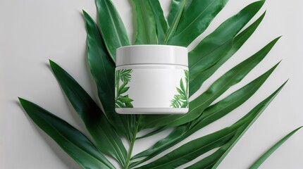 White jar with green leaves on top of it