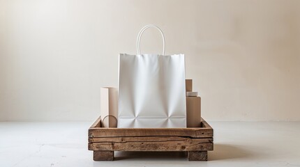 White paper bag is on a wooden crate
