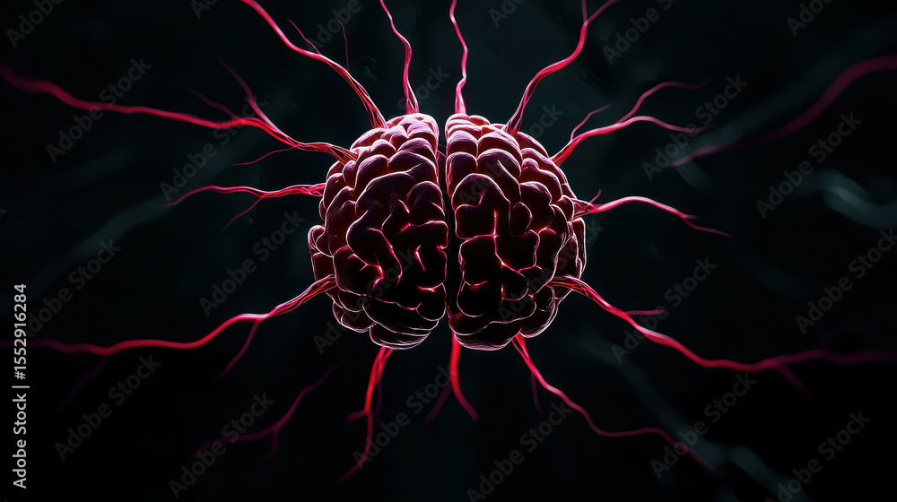 Poster intricate neural network design illustrating brain activity with electric patterns in dark backgroun