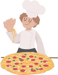 cute flat style cartoon italian chef making pizza