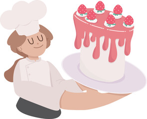 cute flat style cartoon italian chef making strawberry cake
