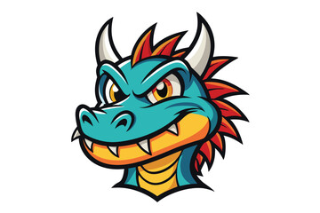 Cartoon dragon head shows a sly smirk with sharp teeth on a white background