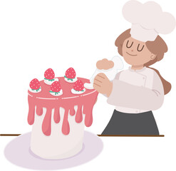 cute flat style cartoon italian chef making strawberry cake