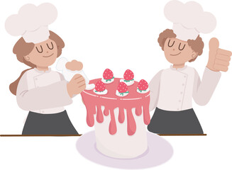 cute flat style cartoon italian chef making strawberry cake