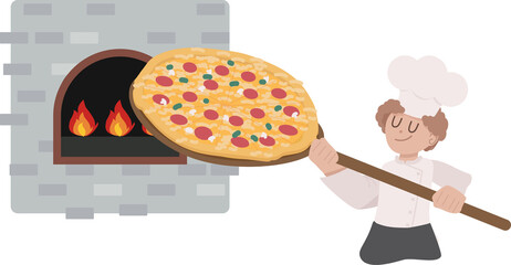 cute flat style cartoon italian chef making pizza