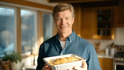 Neighbor delivering a welcome meal with a casserole dish and kindness