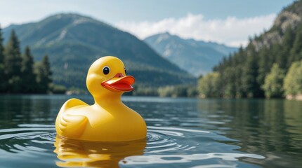 Yellow rubber duck is floating in a lake