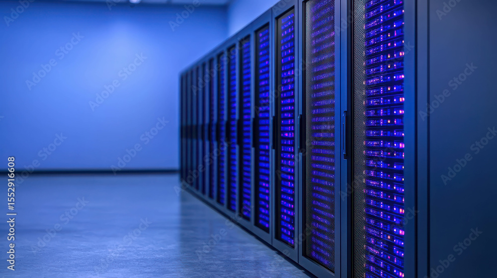 Aufkleber modern data center with rows of servers and blue led lights illuminating the room in a high-tech env
