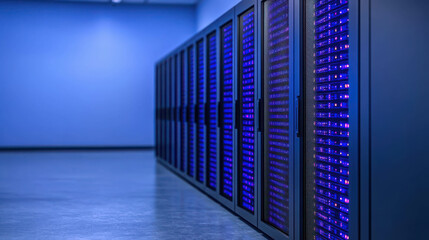 Fototapeta premium Modern Data Center with Rows of Servers and Blue LED Lights Illuminating the Room in a High-Tech Environment for Technology Solutions