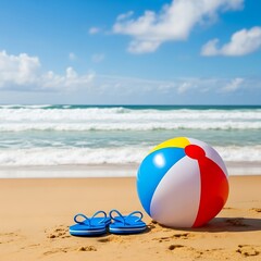 Obraz premium Colorful beach ball and blue flip flops resting on sandy shore with ocean waves