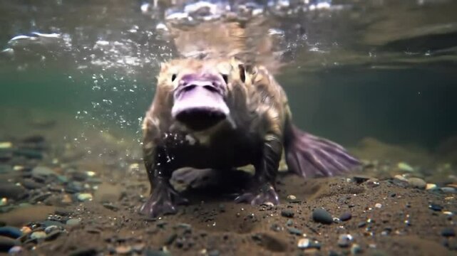 Underwater platypus searching riverbed