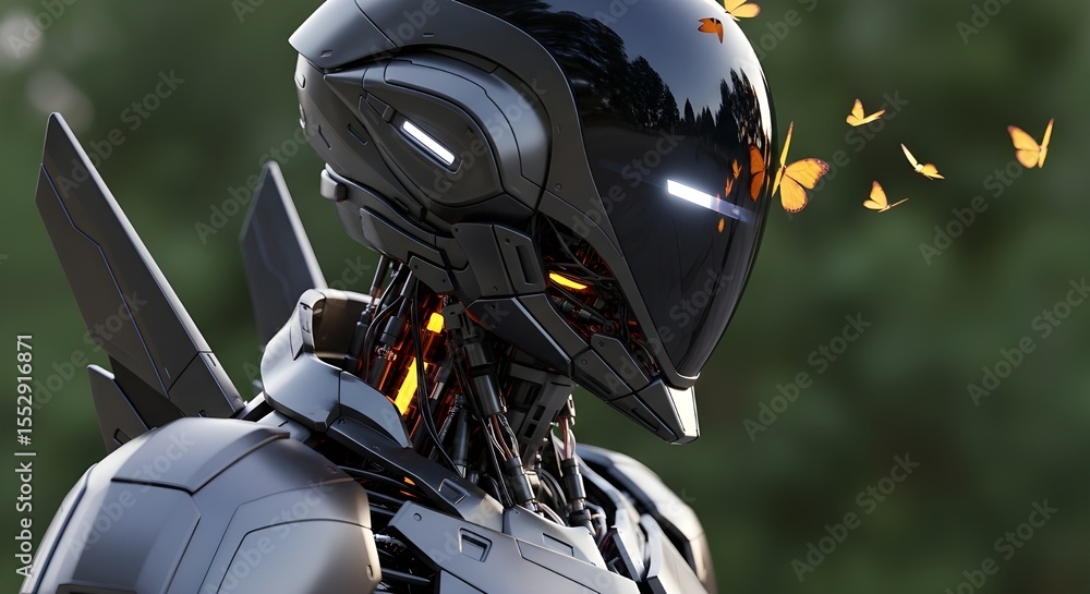 Poster futuristic black robot with butterflies in nature | advanced ai android with wildlife for technology