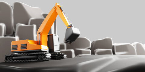 Naklejka premium 3d mining industry, excavator working in quarry, heavy industrial machinery. Render cartoon landscape of mineral extraction, sand, gravel, crushed stone, coal on career open pit mine. 3D illustration