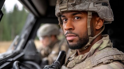 Naklejka premium Male service member with a beard and helmet, dressed in military camouflage, sitting in an armored vehicle, looking directly at the camera, with another military person in the background