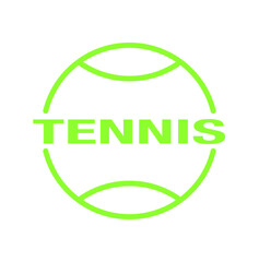 Green tennis ball outline with bold word TENNIS in center on white background, minimal sport icon for design and print.