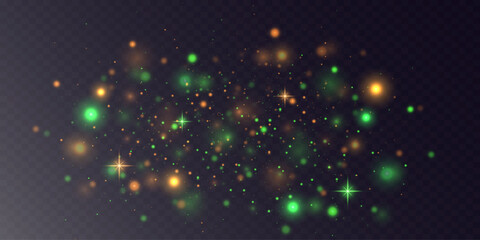 Christmas glitter dust glare. Green and gold stars shine with special light. White star flashes with glitter glare on transparent background.