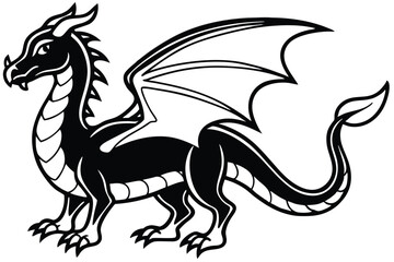 Winged beast in black silhouette is illustrated with a curling tail and formidable claws