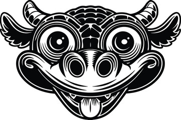 Line art reveals a whimsical dragon head with horns and a mischievous smile