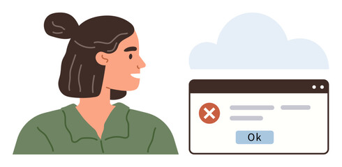 Woman glancing at an interface error notification with an Ok button, set against a cloud graphic. Ideal for tech issues, online services, troubleshooting, user interface, cloud technology