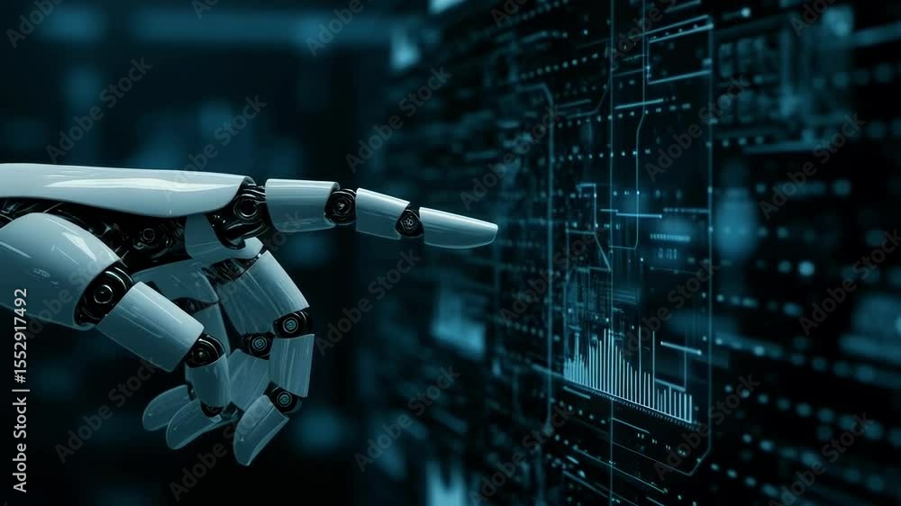 Poster a robotic hand interacts with a digital interface