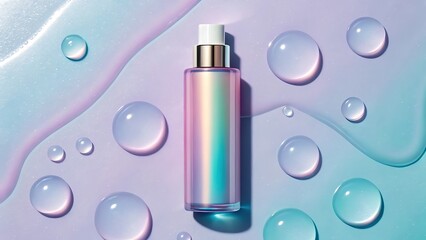 Iridescent cosmetic bottle surrounded by shimmering water droplets on a pastel gradient background