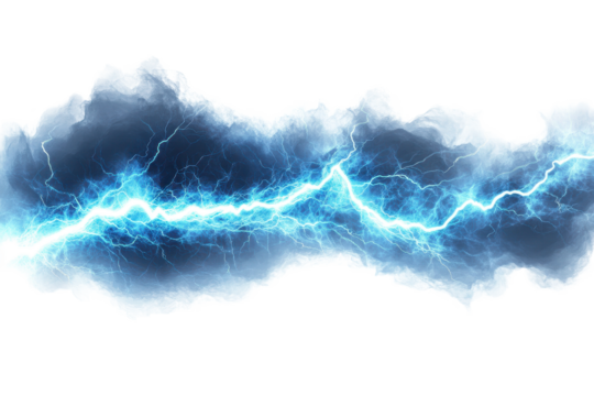 Dynamic blue lightning bolt strikes amidst dark stormy clouds creating a visual spectacle of electric energy across the sky during a fierce thunderstorm