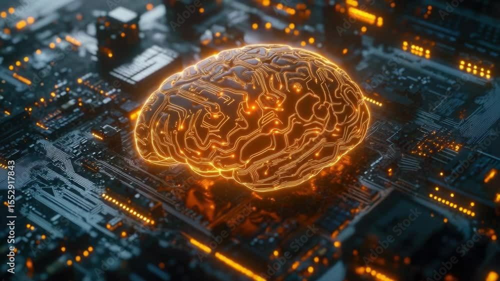 Fototapete a computer circuit board with a glowing brain, perfect for tech-related concepts or futuristic illus