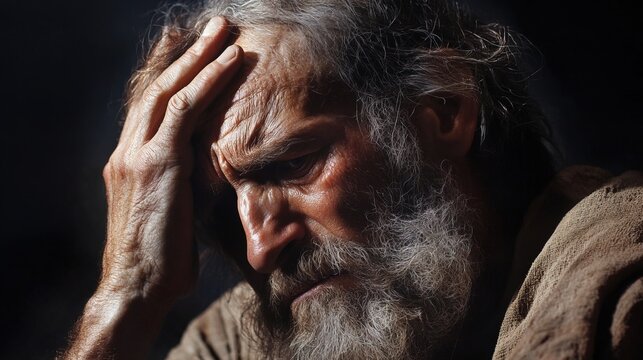 Image of biblical Job suffering, with an exhausted face, long hair and beard, hand on his head, symbolizing pain, despair, and deep emotional turmoil