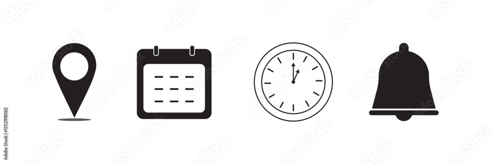 Poster address time date icons set. notification bell icons. location and contact icons. stopwatch timer ic