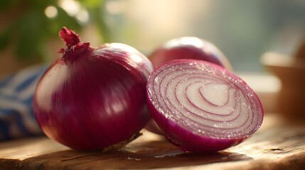 Fresh red onions whole and sliced on wooden cutting board with natural light