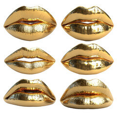 Six unique golden lips designs featuring various styles and textures for creative and artistic projects, showcasing gloss and shine in striking detail