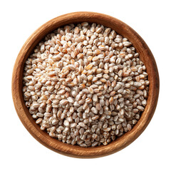 Fototapeta premium Close-up view of a wooden bowl filled with wheat grains, highlighting their texture and abundance. This image emphasizes the simplicity and natural beauty of the grains.