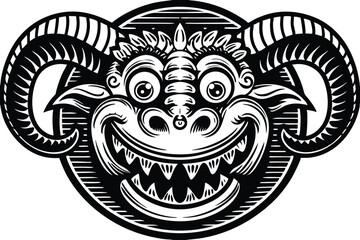 Black and white design displays a mischievous demon face with spiral ram horns