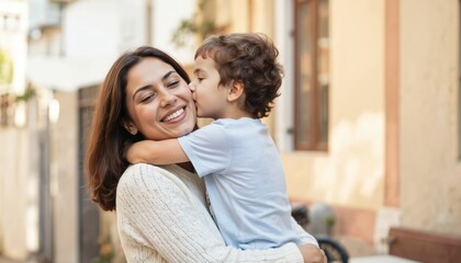 Adorable latin mother and son cuddle at city street. Happy cheerful family embrace and kiss in sunlight. Mom and child express love and joy. Mothers day concept.