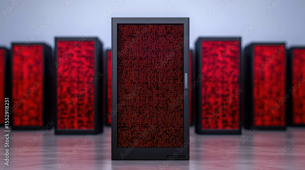 Poster dark futuristic server room with glowing red elements and mysterious background, showcasing advanced