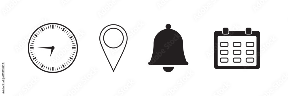 Poster four black icons location calendar clock and notification bell. time management icon vector. black i