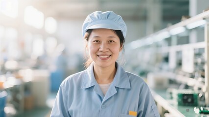 A smiling Asian female worker in a factory	

