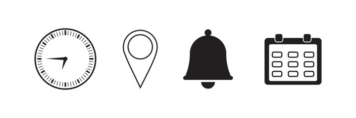Four Black Icons Location Calendar Clock and Notification Bell. Time Management Icon Vector. Black Icons Location Calendar Clock and Notification Bell.