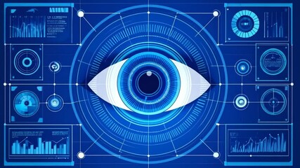 Futuristic data visualization with an eye graphic.  Networked digital displays with circular graphical elements and various data visualizations - Powered by Adobe