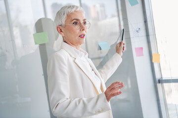 Confident professional businesswoman presenting ideas in office workspace with a focus on corporate...