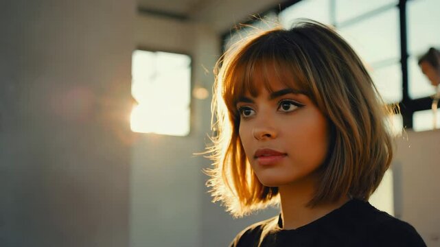 Woman with blunt bob haircut and bangs looking thoughtfully into the distance. Sun shines through a nearby window.
