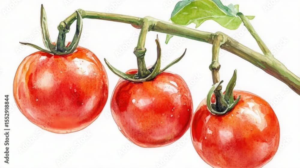 Poster a close-up view of three ripe tomatoes hanging from a green stem, suitable for use in food-related i