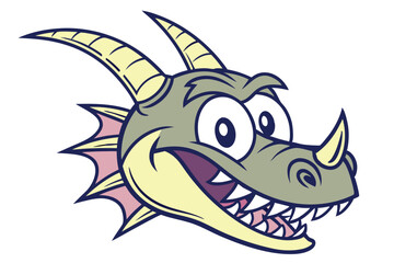 Cartoon dragon head shows the teeth with a cool expression on a white background