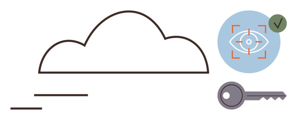 Cloud outline, eye scan with checkmark, and key represent data security, biometric login, and access control. Ideal for cybersecurity, authentication, privacy, cloud services data protection
