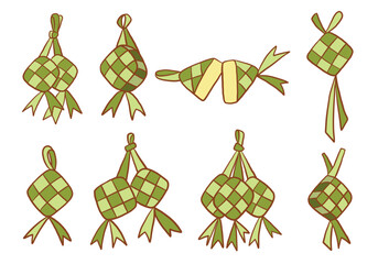 Hand Drawn Ketupat Icon Traditional. A festive collection of ketupat icons including single double and sliced variations with woven ribbon detail and more. Perfect for Eid decor culinary themes