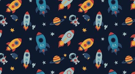 Cute Cartoon Style Space Rocket Seamless Pattern for Kids Fabric