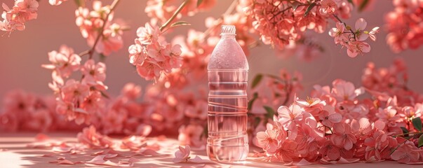 Plastic bottle with pink flowers highlighting environmental pollution and nature juxtaposition