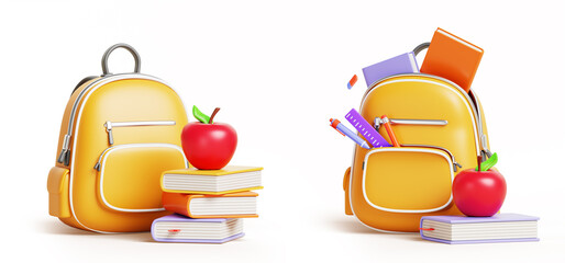 Yellow 3d school bag with stationery supplies. Open and closed backpack with book stack, apple, notebook, pen, pencil, ruler, eraser. Back to school concept. Cartoon render icon set. 3D illustration © marozhkastudio