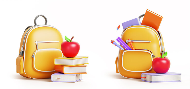 Yellow 3d school bag with stationery supplies. Open and closed backpack with book stack, apple, notebook, pen, pencil, ruler, eraser. Back to school concept. Cartoon render icon set. 3D illustration